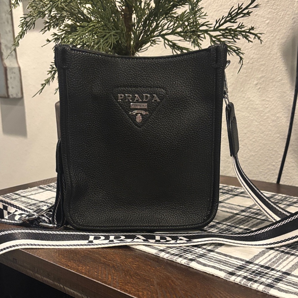 Prada Black Pebbled Leather Messenger Bag with Branded Strap